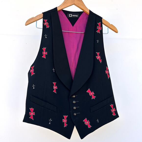 Vintage Q-Wear Wool Vest Red Cross 90s Black Embroidered Waistcoat 38 Size 8 - Picture 2 of 9